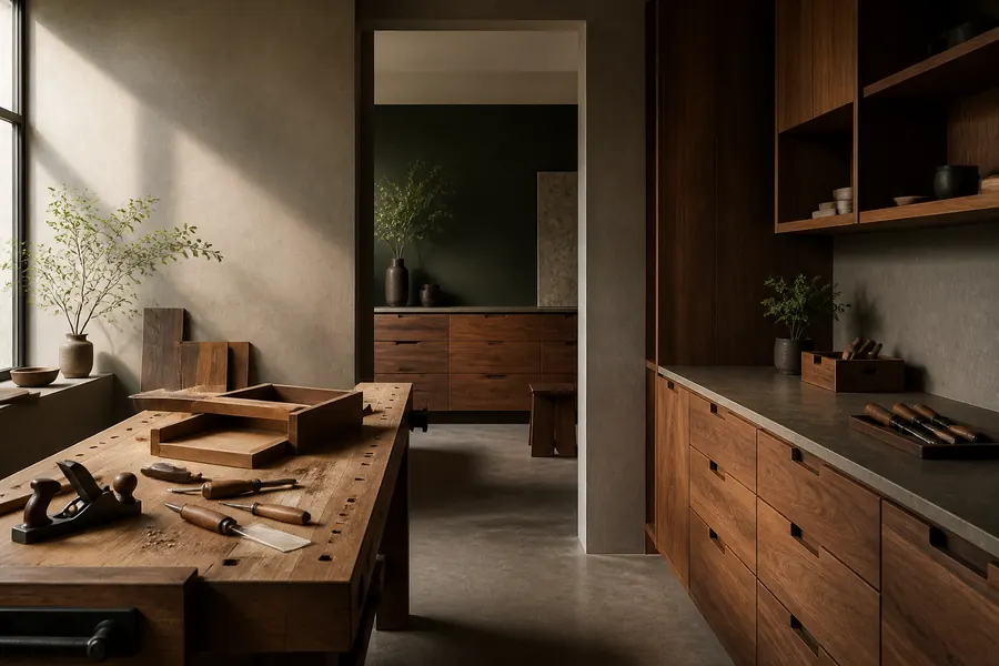 Banco de trabajo con madera y herramientas ordenadas