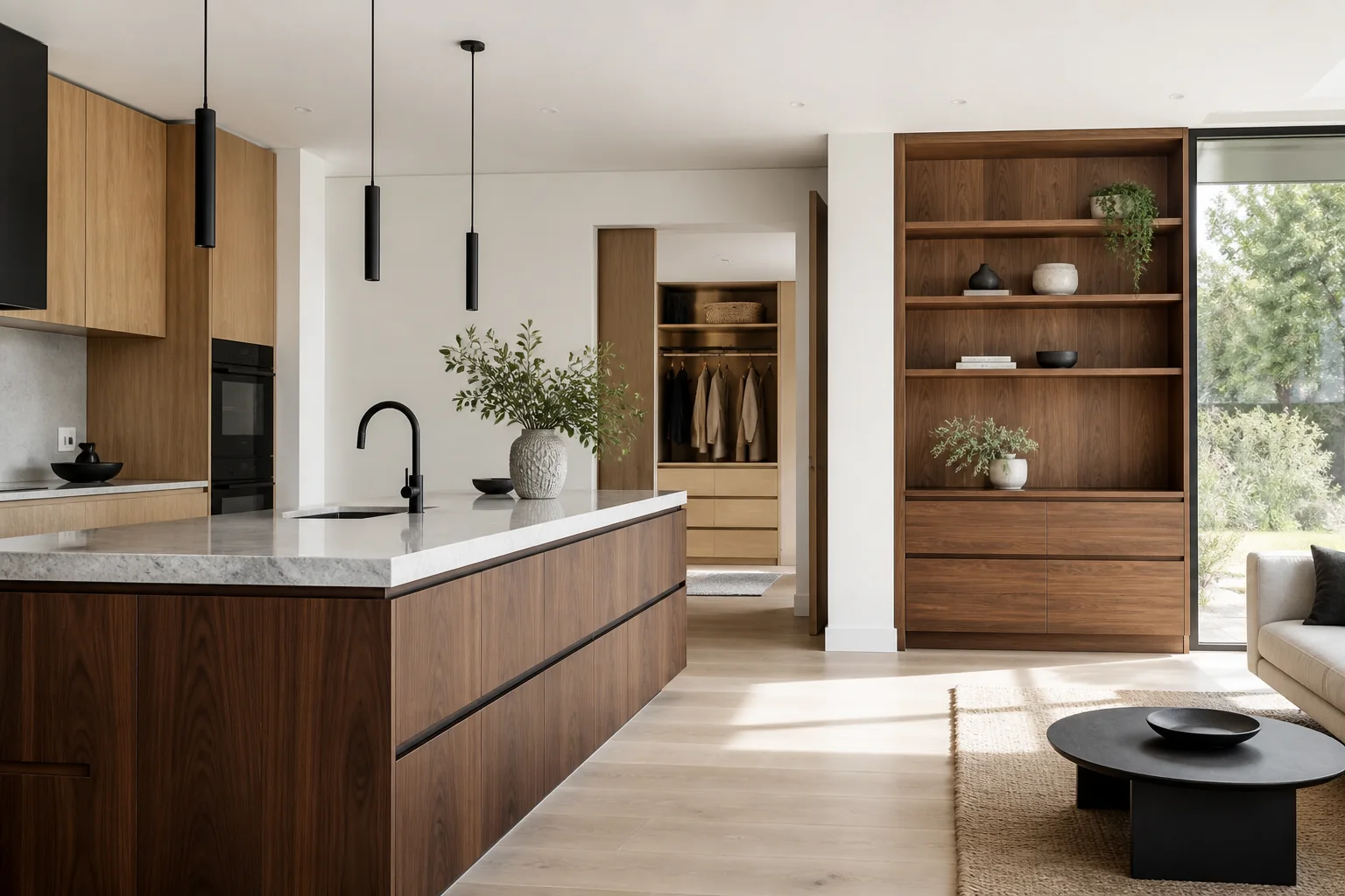 Cocina moderna con gabinetes de madera y luz natural
